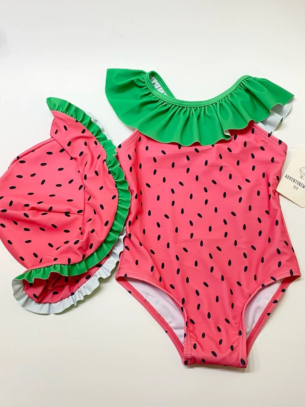 Watermelon Ruffle One-Piece Swimsuit with Matching Sun Hat - Pink/Green
